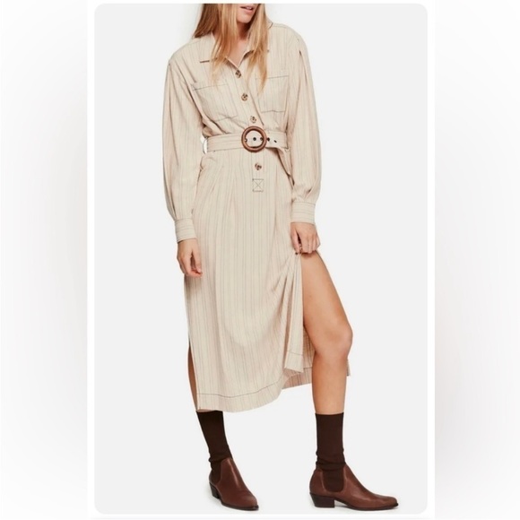 Free People Dresses & Skirts - Free People Aubrey Belted Striped Shirtdress in Khaki Combo